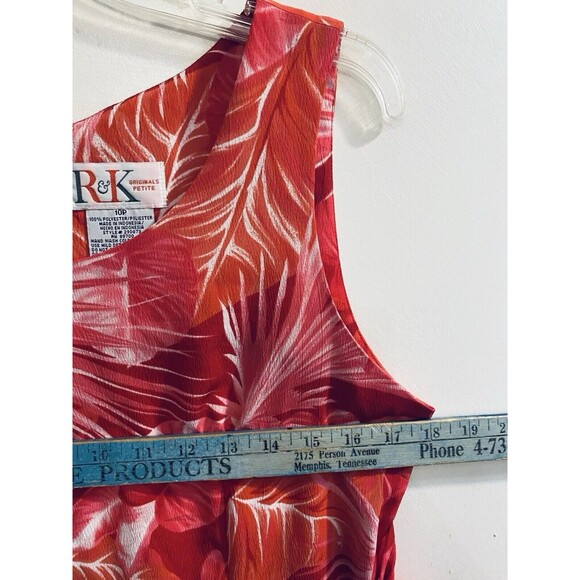 R K Originals Dress 10P Petites Red Pink Faux Wrap Tropical Floral Sleeveless - Picture 7 of 16
